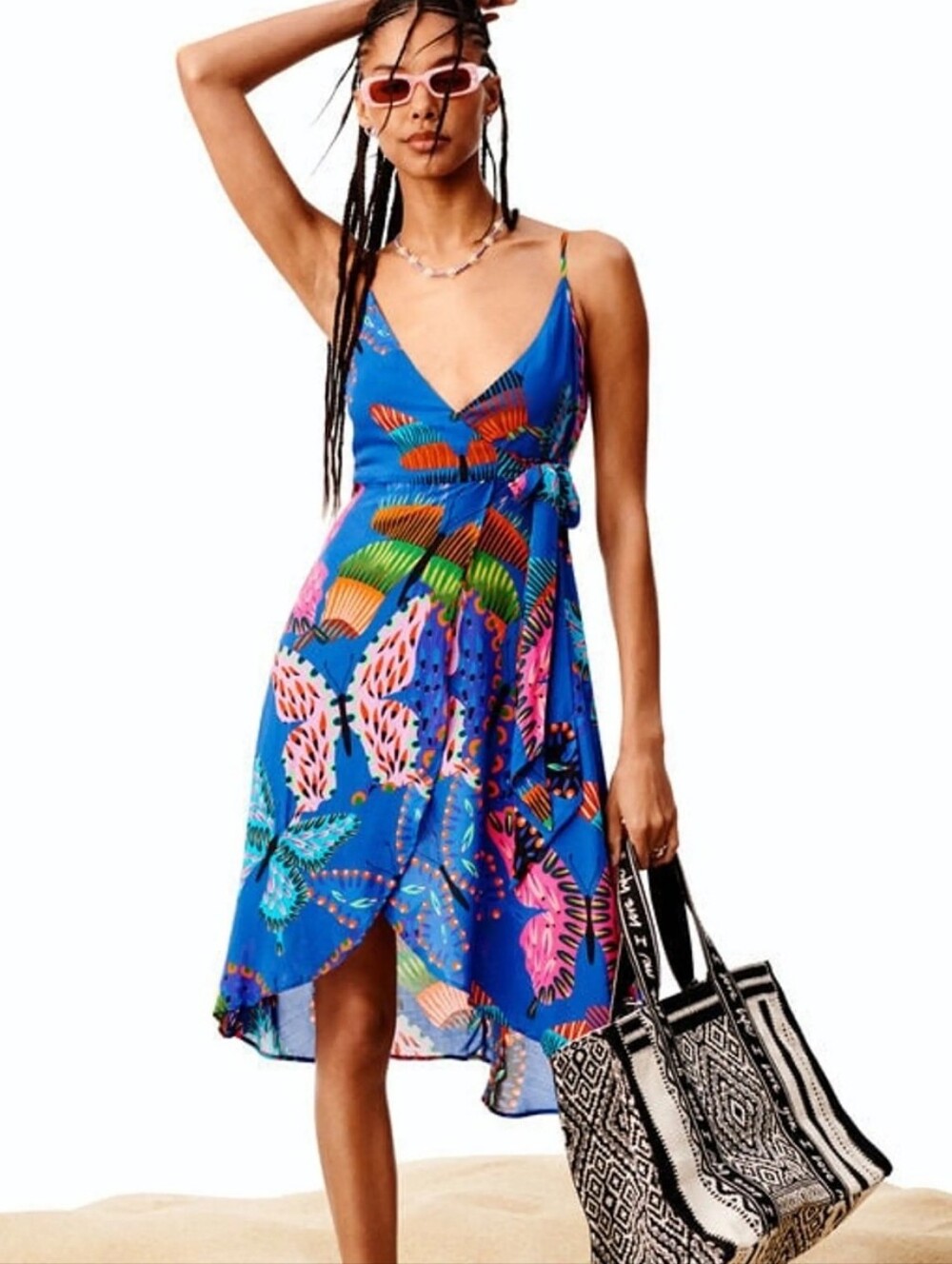 Desigual Tropical Butterfly Print Colorful Wrap Dress Size XL Blue